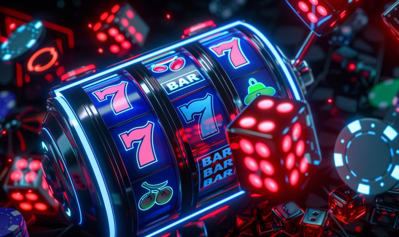 Layar permainan slot online modern dengan tema warna ungu neon
